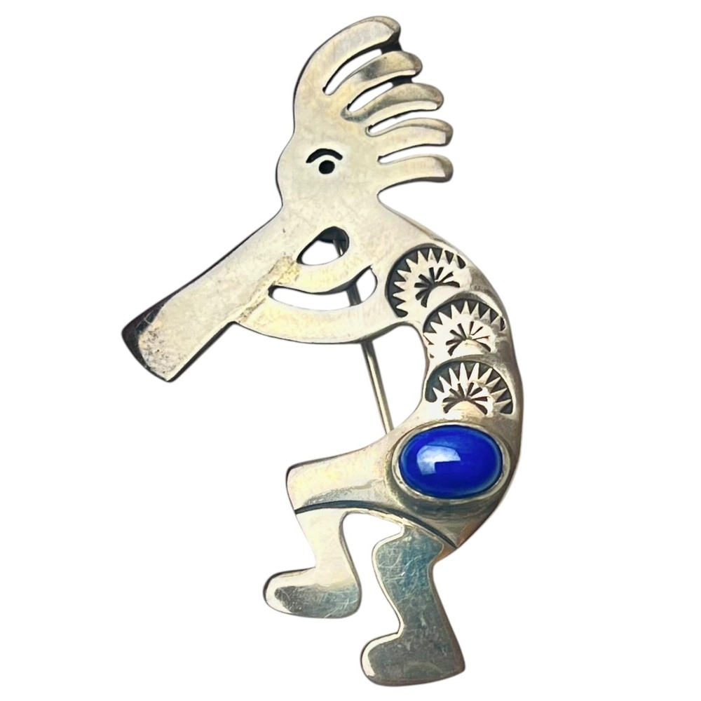 Vintage Sterling Silver Kokopelli Pin Brooch Native American Signed Lapis Lazuli